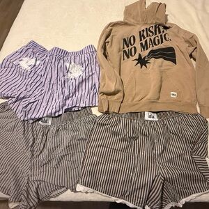 Beige Graphic Hoodie and Striped Shorts Set